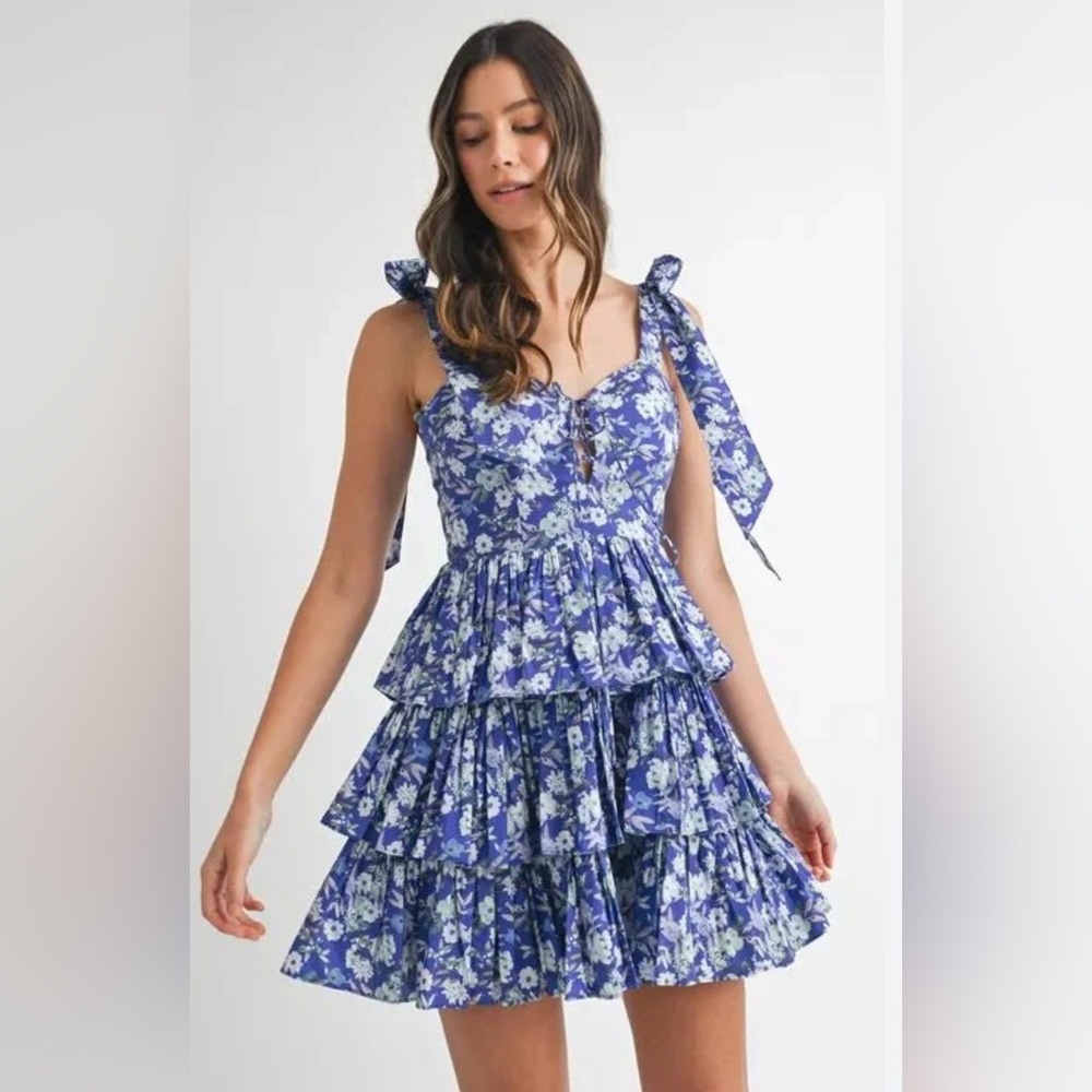 Mable, Blue indigo Floral Ruffle Mini Dress, Sizes S & L | 1944. Listing 2